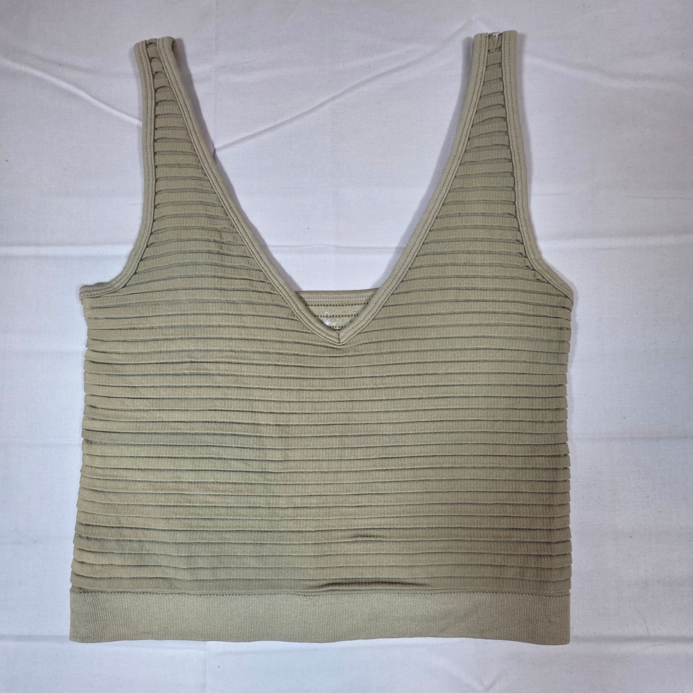 Aura Womens Sage Green Seamless Ribbed V-Neck Crop Tank Top Size M/L